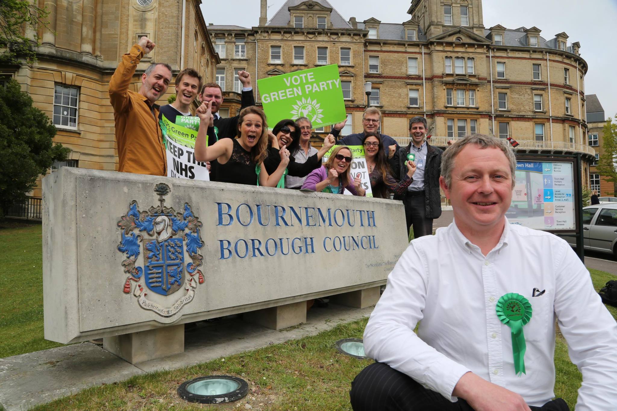 Simon Bull celebrating his 2015 election win with local Green members