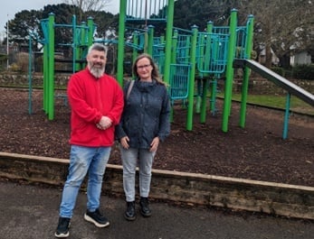 Joe and Kate Salmon sort new play equipment for Moordown Rec