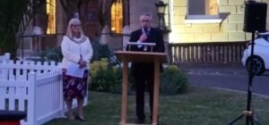 Cllr Simon Bull speaking at the 80th anniversary of VE Day ceremony, outside BCP Civic Centre