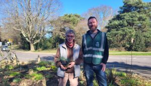 Alasdair Keddie with the lead Community Garden volunteer, Karen
